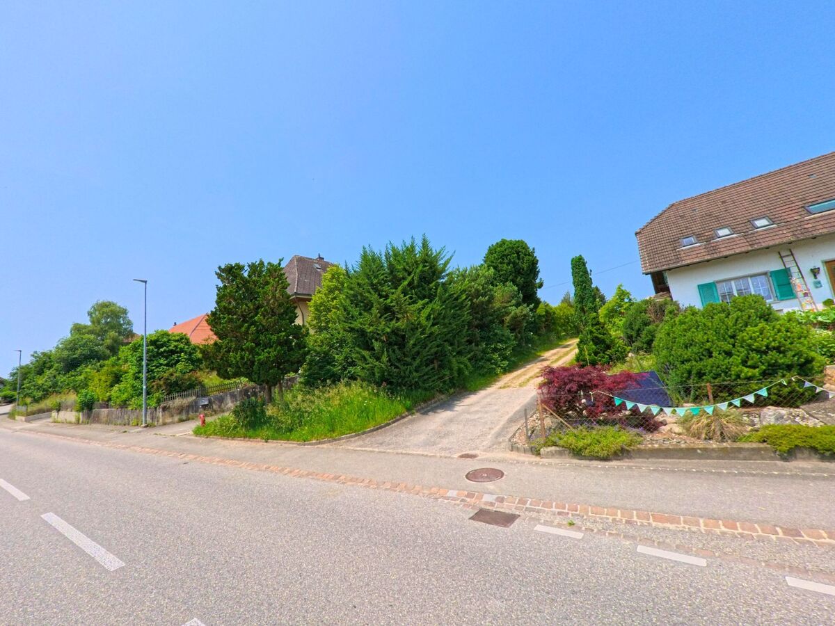  In Drei Höfe (4558, Kanton Solothurn) steigt eine Wohnstrasse leicht an, flankiert von gepflegten Gärten, Einfamilienhäusern und dichtem Grün.