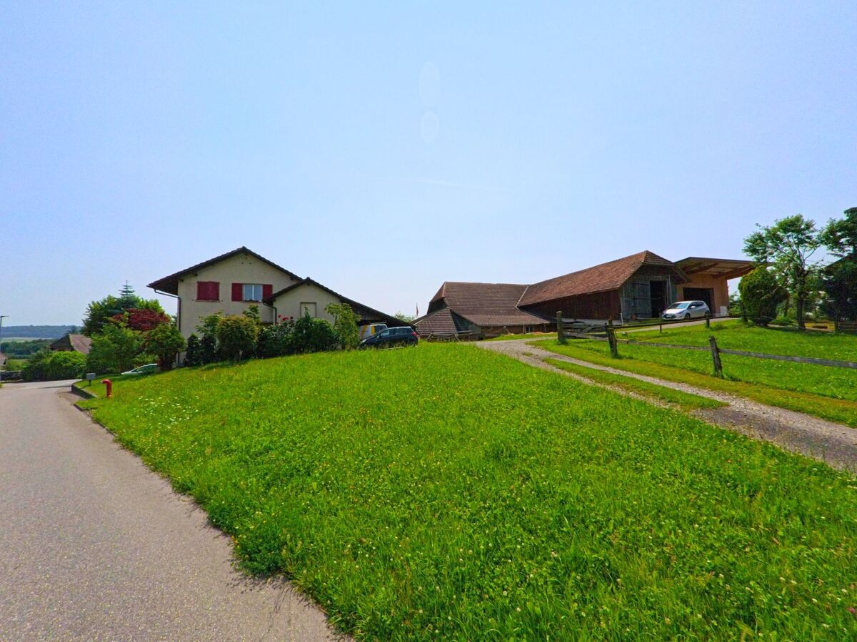 Am leicht ansteigenden Strassenrand von Drei Höfe (4558, Kanton Solothurn) stehen ein Wohnhaus mit roten Fensterläden und ein Bauernhof mit angrenzendem Wirtschaftsgebäude.