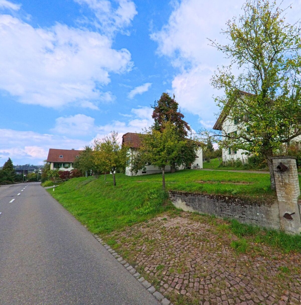 Am Rand einer leicht ansteigenden Strasse in Dürrenäsch (5724, Kanton Aargau) stehen mehrere Wohnhäuser mit roten Dächern, umgeben von Bäumen und gepflegtem Grün.