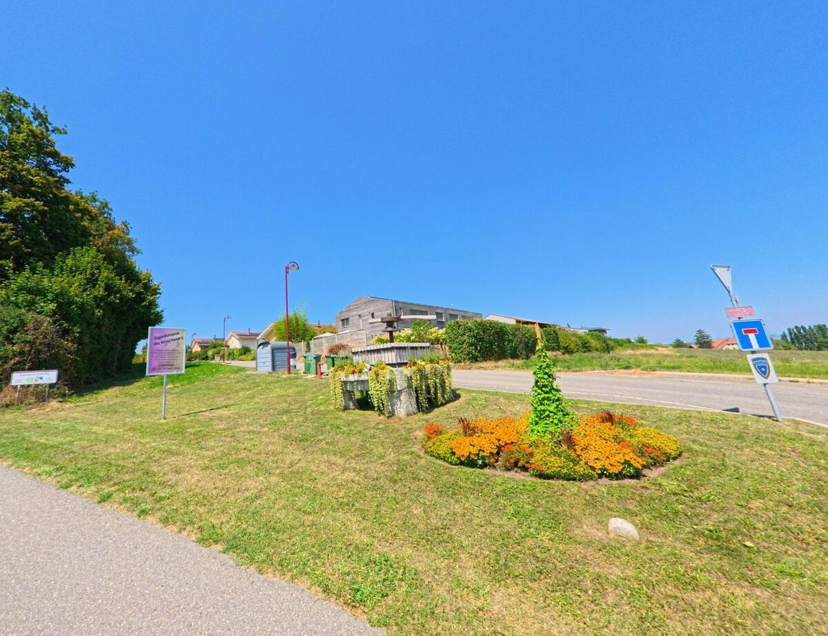 Eine kleine gruene Verkehrsinsel mit bepflanztem Blumenbeet markiert eine Strasseneinfahrt in Echichens (1112, Kanton Waadt).