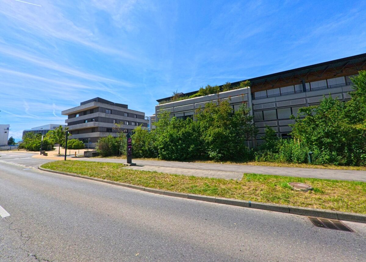 Zwei moderne Gebaude in Ecublens (1024, Kanton Waadt) sind von Baeumen und Strauchern umgeben und liegen an einer ruhigen Strasse.