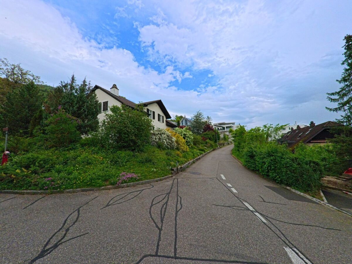 Ein schmales Strassenstueck in Egerkingen (4622, Kanton Solothurn) fuehrt zwischen huegeligen Gaerten und Wohnhaeusern bergauf in ein ruhiges Wohnquartier.
