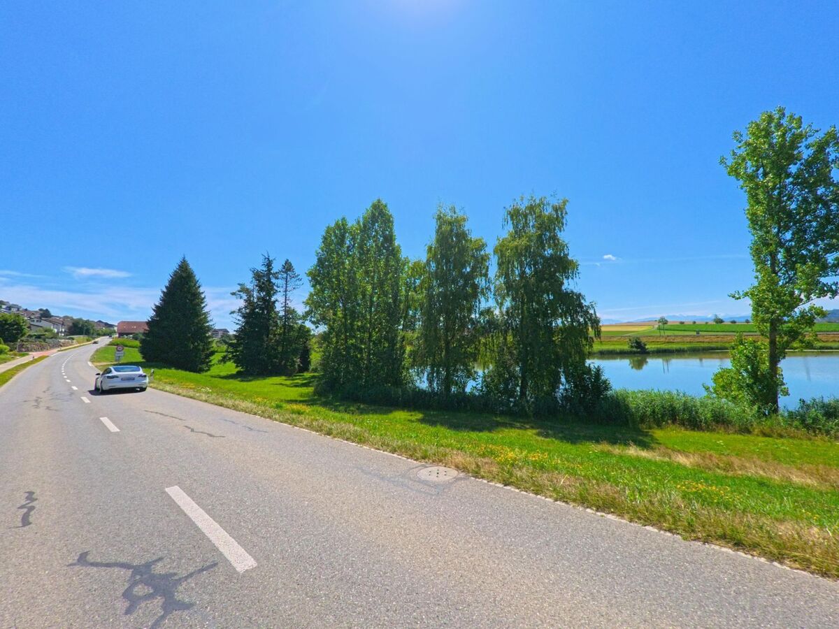 Eine Landstrasse in Egolzwil (PLZ 6243, Kanton Luzern) fuehrt an einem von Baeumen gesaeumten Weiher vorbei, mit Blick auf Felder und Hügellandschaft im Hintergrund.