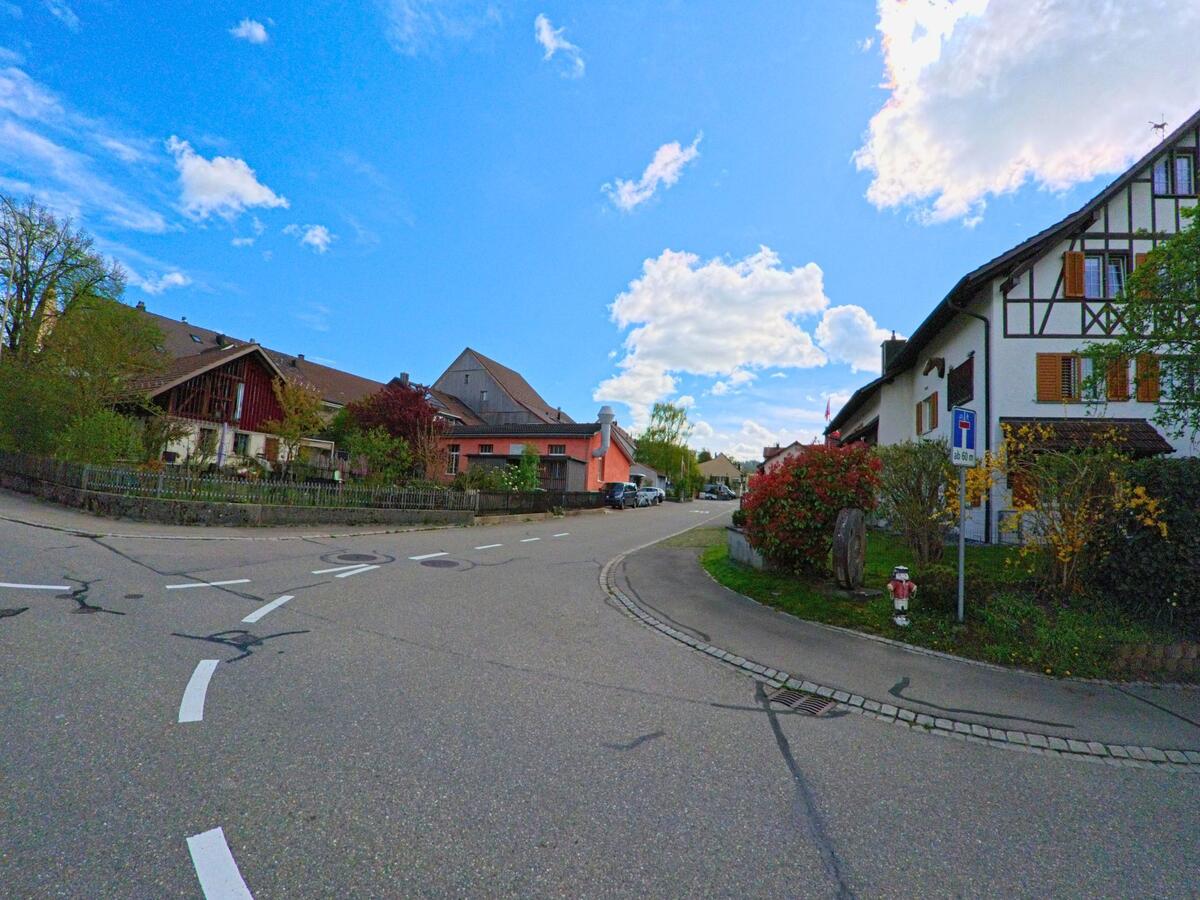 In Elgg, PLZ 8353 im Kanton Zürich, verläuft eine Wohnstrasse mit traditionellen Häusern und gepflegten Vorgärten durch ein ruhiges Quartier.