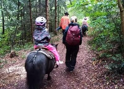 Kinder und Erwachsene gehen mit Ponys durch einen Waldweg in Ostermundigen (3072, Kanton Bern) und zeigen gemeinsames Naturerlebnis.