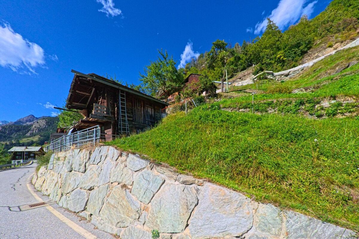 Ein kleines Holzgebaeude mit angebauter Leiter steht am steilen Gruenhang in Embd (3926, Kanton Wallis), umgeben von weiteren Haengemauern und Baemen.