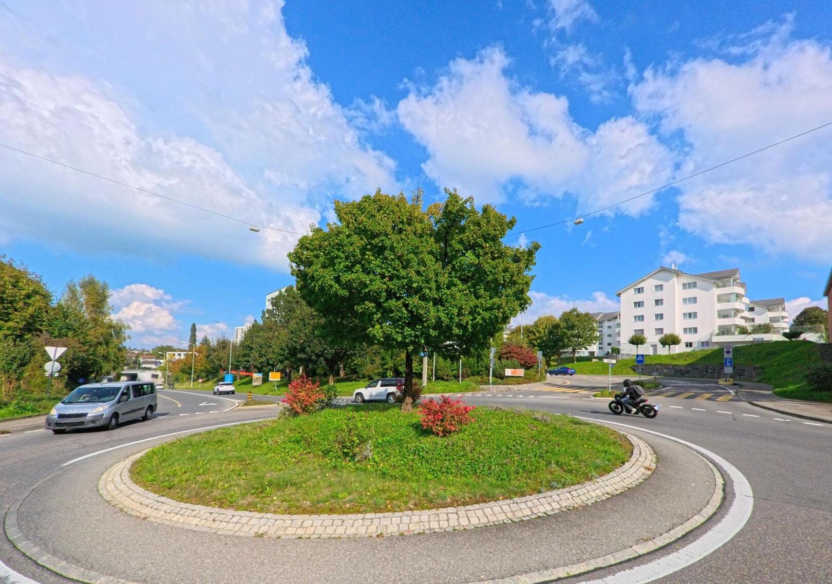 Ein begruenter Kreisel in Emmen (6020, Kanton Luzern) wird von Autos und einem Motorrad umfahren, im Hintergrund stehen Wohnhaeuser.