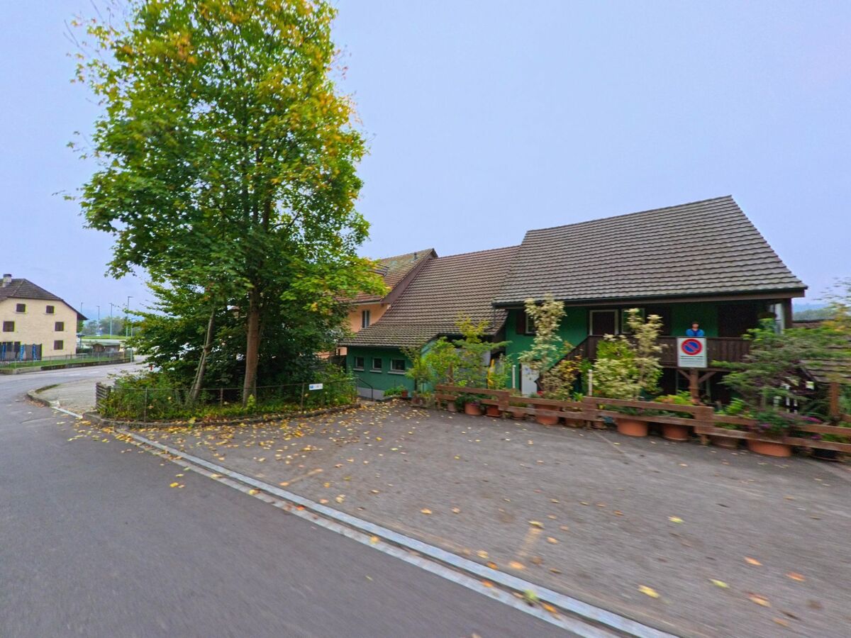 Neben einem Wohnhaus mit Garten, Bäumen und überdachter Terrasse verläuft eine ruhige Dorfstrasse in Eppenberg (5012, Kanton Solothurn).