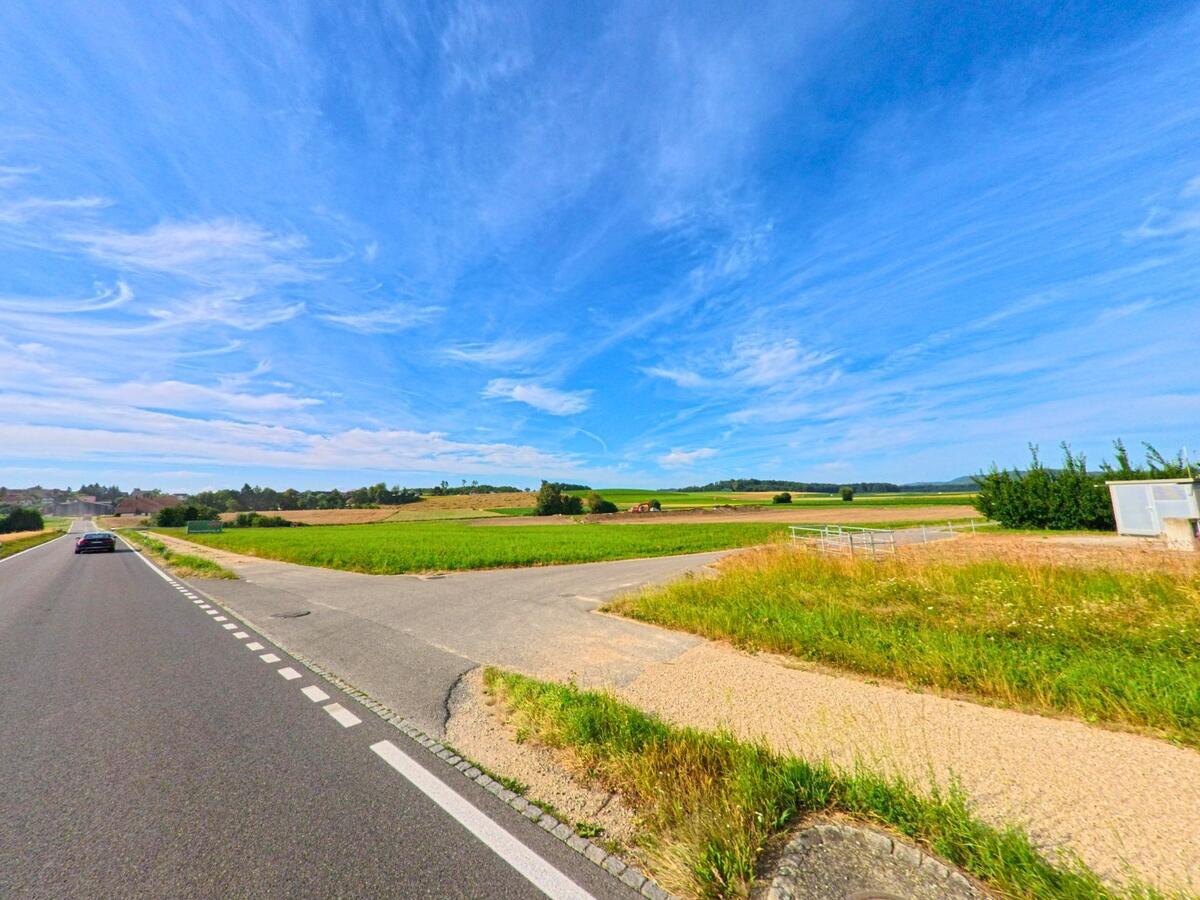 Weite Felder erstrecken sich am Ortsrand von Epsach (3272, Kanton Bern), wo ein Abzweiger von der Hauptstrasse in die offene Landschaft fuehrt.