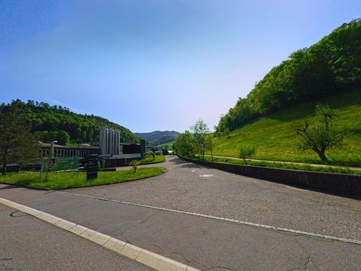 Zwischen grünen Haengen in Eptingen (4458, Kanton Baselland) liegt ein Industriebetrieb mit markanten Silotanks, waehrend sich die Strasse sonnendurchflutet durch die Landschaft zieht.