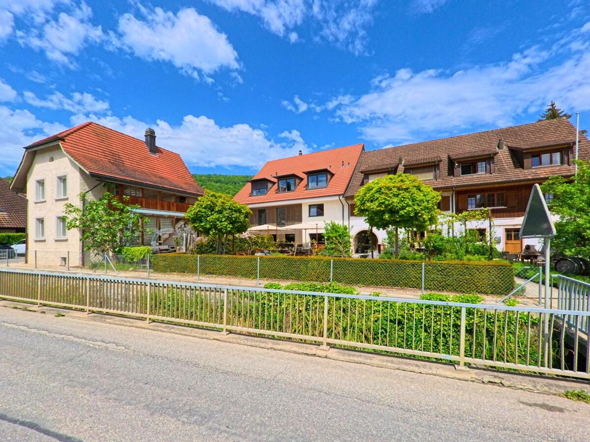 In Erlinsbach (5015, Kanton Solothurn) säumen traditionelle Wohnhäuser mit roten Dächern und grünen Vorgärten eine ruhige Strasse neben einem kleinen Bachlauf.