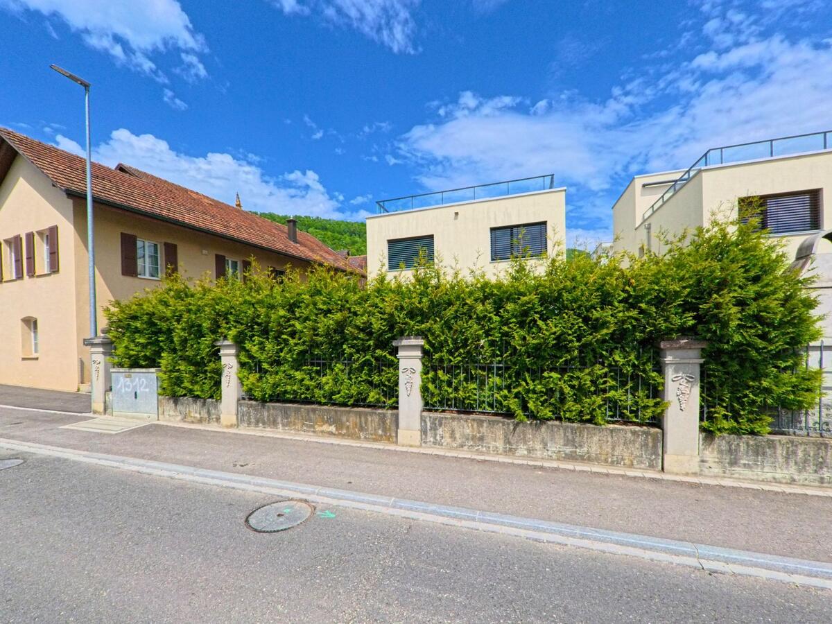 In Erlinsbach (5017 im Kanton Aargau) stehen moderne Wohnhäuser mit Flachdach hinter einer hohen Hecke und einem verzierten Zaun entlang der Strasse.