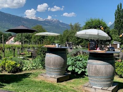 In Flaesch (7306, Kanton Graubuenden) liegt Erna's Toerkali mit Gartenbestuhlung zwischen Reben, rustikalen Weinfass-Tischen und Blick auf die Berge.