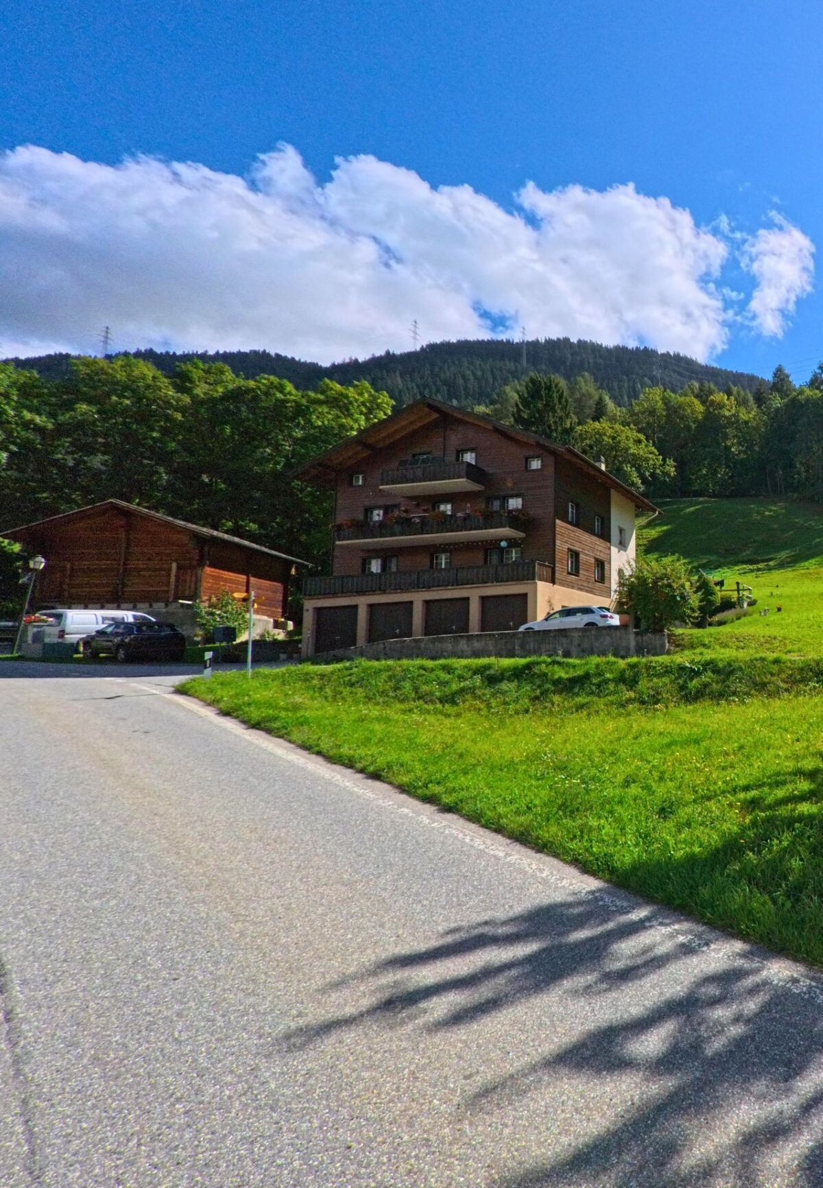 Ein mehrstöckiges Wohnhaus in Ernen (3995, Kanton Wallis) mit Holzbalkonen steht am Strassenrand, umgeben von grünen Wiesen und Waldhängen.