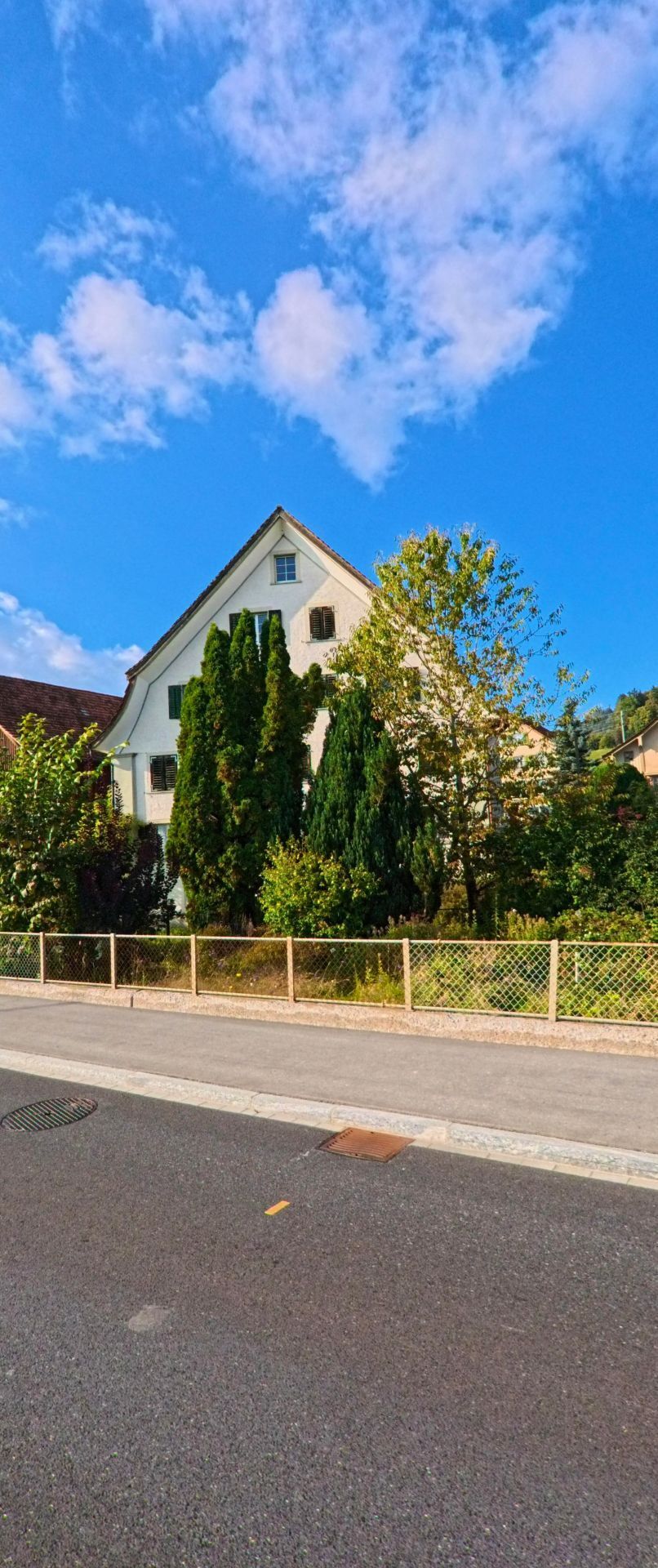 Hinter einer Reihe dichter Baeume erhebt sich in Eschenbach (8735, Kanton St. Gallen) ein helles Wohnhaus mit steilem Giebeldach unter leicht bewolktem Himmel.