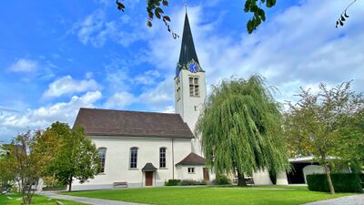 Die evangelisch-reformierte Kirche steht in Diepoldsau (9444) im Kanton St. Gallen mit hohem Turm neben einer grossen Weide auf einer Gruenflaeche.