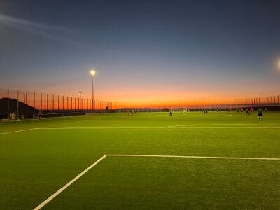 Beim FC Feusisberg Schindellegi in Feusisberg (8835, Kanton Schwyz) trainieren Spieler auf einem hell erleuchteten Kunstrasenplatz vor einem farbigen Abendhimmel.