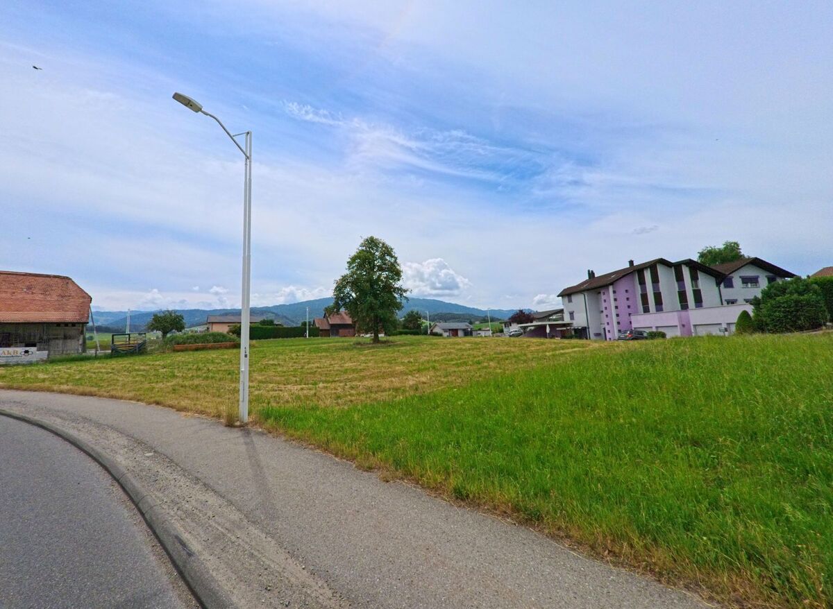 In Ferpicloz (1724, Kanton Freiburg) verläuft eine Strasse entlang von Wiesen, mit Blick auf ein lila Wohnhaus und einen alten Bauernhof im Hintergrund.