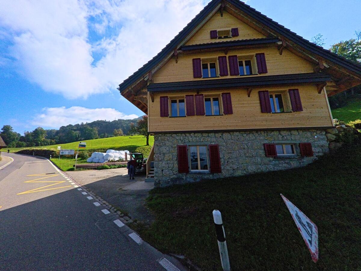 An einer leicht gebogenen Strasse steht ein traditionelles Haus in Feusisberg (8835, Kanton Schwyz).