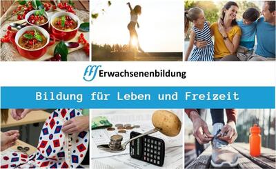 In Schwyz (6430, Kanton Schwyz) zeigt eine Collage der FFS Erwachsenenbildung verschiedene Lebens- und Freizeitbereiche wie Kochen, Bewegung, Familie, Handarbeit, Finanzen und Sport.