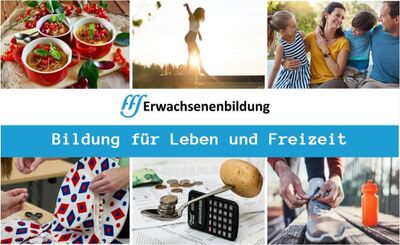In Schwyz (6430, Kanton Schwyz) zeigt eine Collage der FFS Erwachsenenbildung verschiedene Lebens- und Freizeitbereiche wie Kochen, Bewegung, Familie, Handarbeit, Finanzen und Sport.
