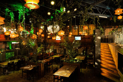 Im Firehouse in Weinfelden (8570, Kanton Thurgau) sorgt eine stimmungsvolle Einrichtung mit Pflanzen, Lampen und Spiegelkugeln fuer eine besondere Atmosphaere.