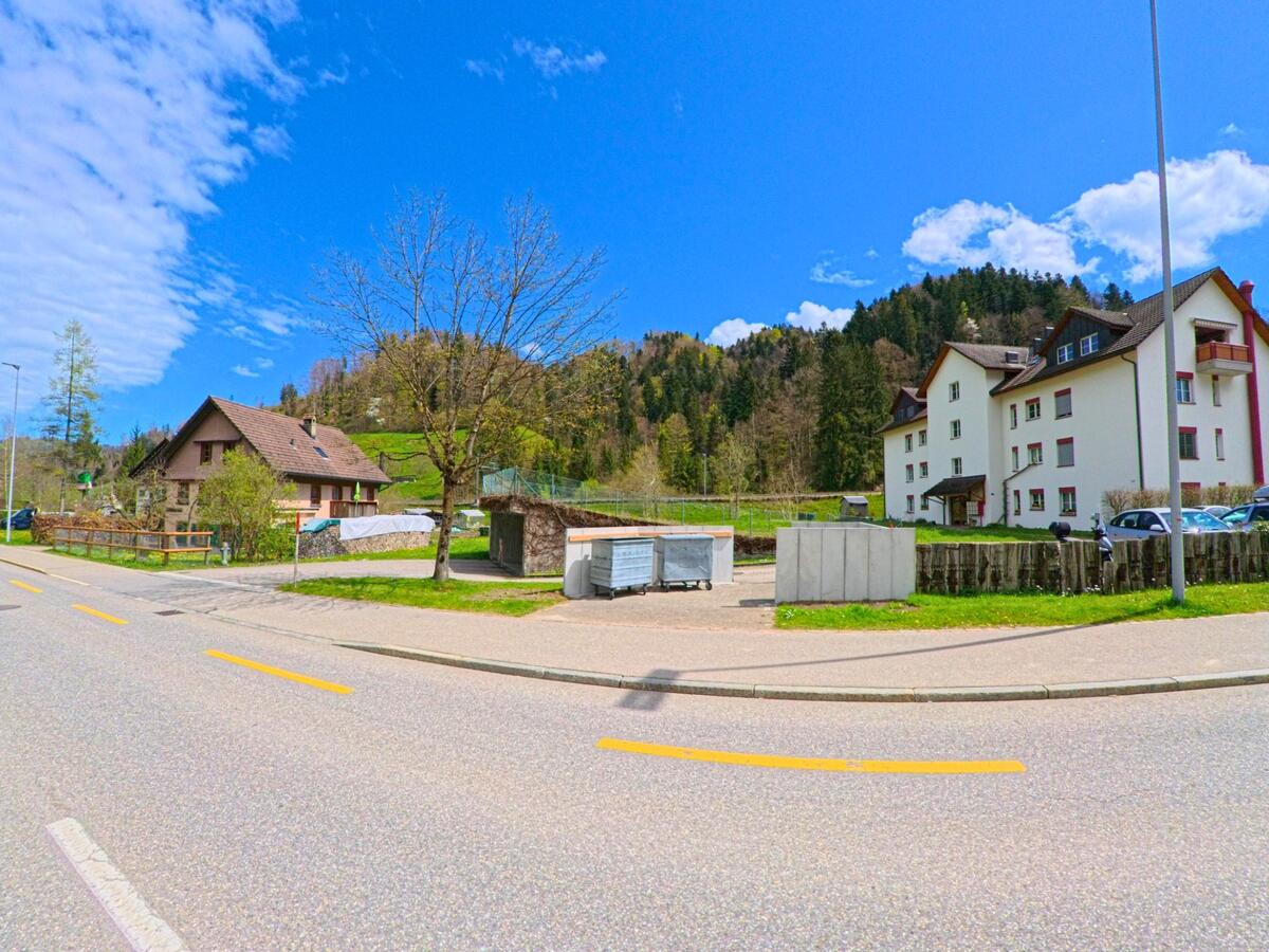 In Fischenthal im Kanton Zürich, PLZ 8497, stehen ein modernes Mehrfamilienhaus und ein traditionelles Einfamilienhaus am Waldrand gegenüber einer Hauptstrasse.