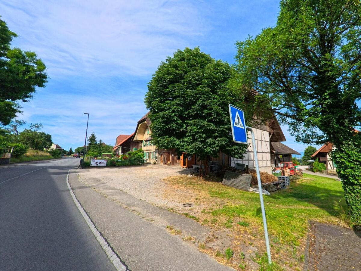 An einer leicht geschwungenen Strasse in Fräschels (3284, Kanton Bern) stehen mehrere traditionelle Bauernhäuser mit Fachwerkfassaden, begleitet von einem Zebrastreifen-Hinweisschild.