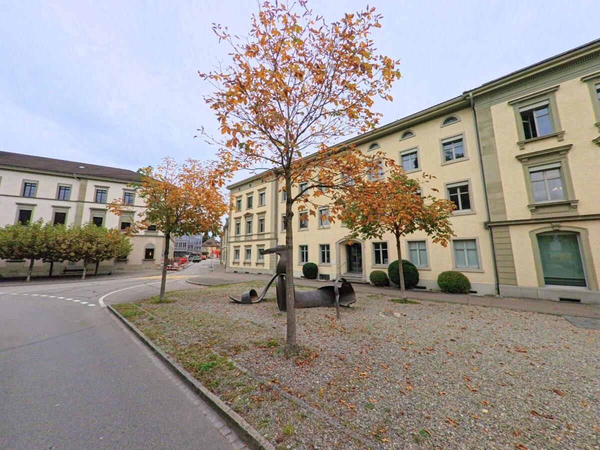 Vor einem historischen Gebäude stehen herbstlich gefärbte Baeume auf einem kleinen Platz in Frauenfeld (8500, Kanton Thurgau).