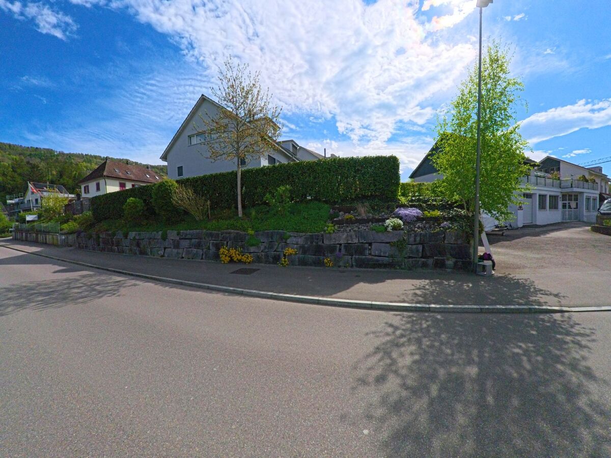  In Freienstein-Teufen (8427, Kanton Zürich) führt eine Straße an gepflegten Gärten und Häusern entlang, wobei ein Baum und bunte Blumen die Szene ergänzen.