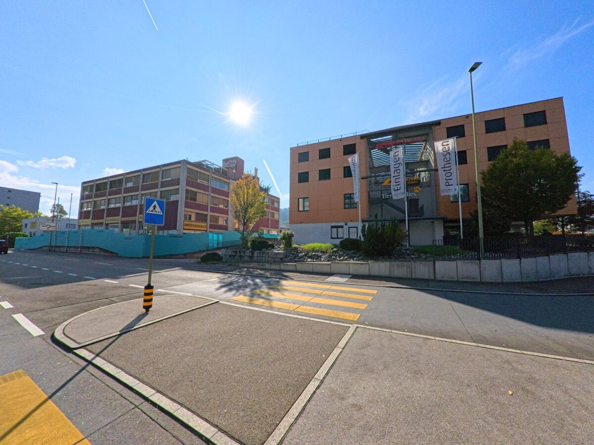 Gegenueber einem Fussgaengerstreifen in Frenkendorf (4402, Kanton Basel-Landschaft) stehen zwei gewerbliche Gebaeude, eines mit farbiger Fassade und das andere mit grossen Werbebannern.