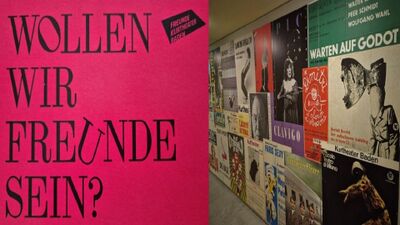 Die FREUNDE Kurtheater Baden (5400, Kanton Aargau) werben mit historischen Theaterplakaten und einer Installation mit dem Schriftzug „Wollen wir Freunde sein“.