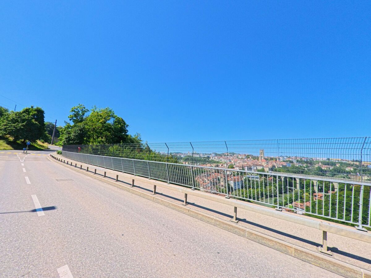Von einer Strasse in Fribourg (1722, Kanton Freiburg) bietet sich ein Ausblick ueber die Stadt mit der Kathedrale und den umliegenden Daecherlandschaften.