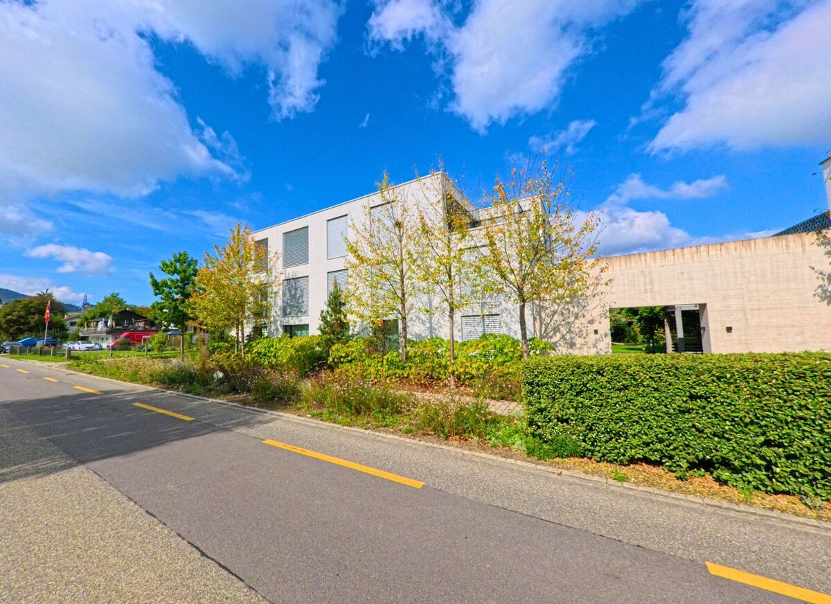 Entlang der Hauptstrasse in Frick (5070, Kanton Aargau) stehen traditionelle Wohn- und Geschaeftshaeuser mit farbigen Fensterlaeden und kleinen Laeden im Erdgeschoss.