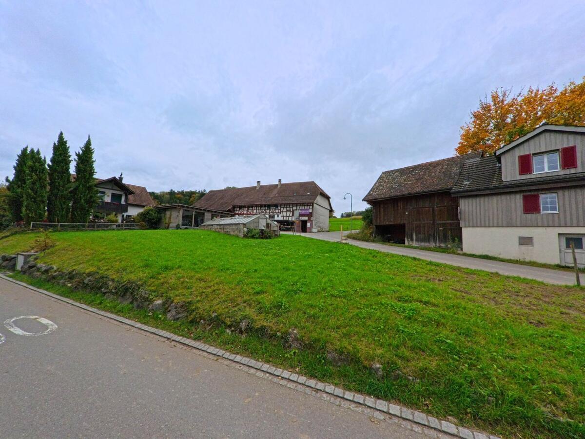 Zwischen Wiesen und Bauernhäusern führt ein schmaler Weg zu Hofgebäuden in Gachnang (8547, Kanton Thurgau), wobei ein Gewächshaus am Rand des Areals steht.