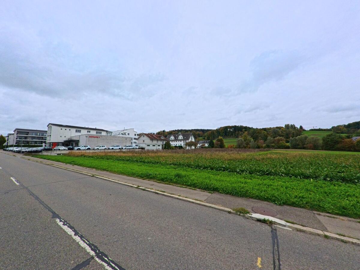 Entlang einer breiten Strasse erstrecken sich Felder vor Wohn- und Gewerbebauten in Gachnang (8547, Kanton Thurgau), dahinter steigen bewaldete Hügel am Horizont an.