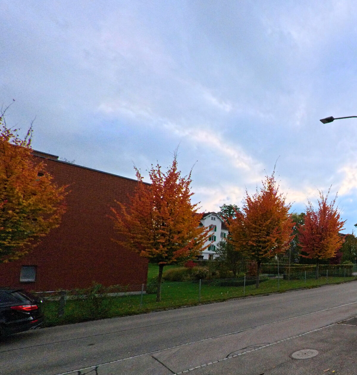 Herbstlich gefaerbte Baeume saeumen eine Strasse neben einem Gebaeude in Gaiserwald (9032, Kanton St. Gallen).