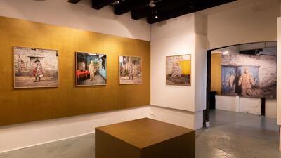 In der Galerie Focale in Nyon (1260, Kanton Waadt) sind Fotografien zeitgenössischer Kunst an goldfarbenen Wänden in einem modern gestalteten Raum ausgestellt.