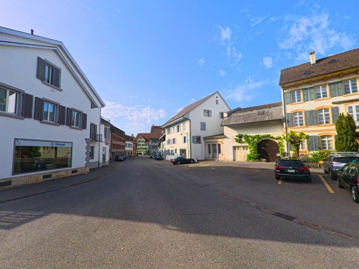 Entlang einer ruhigen Strasse in Gelterkinden (4460, Kanton Basel-Landschaft) säumen gepflegte Altbauten mit Fensterläden und kleinen Vorgärten das historische Ortszentrum.