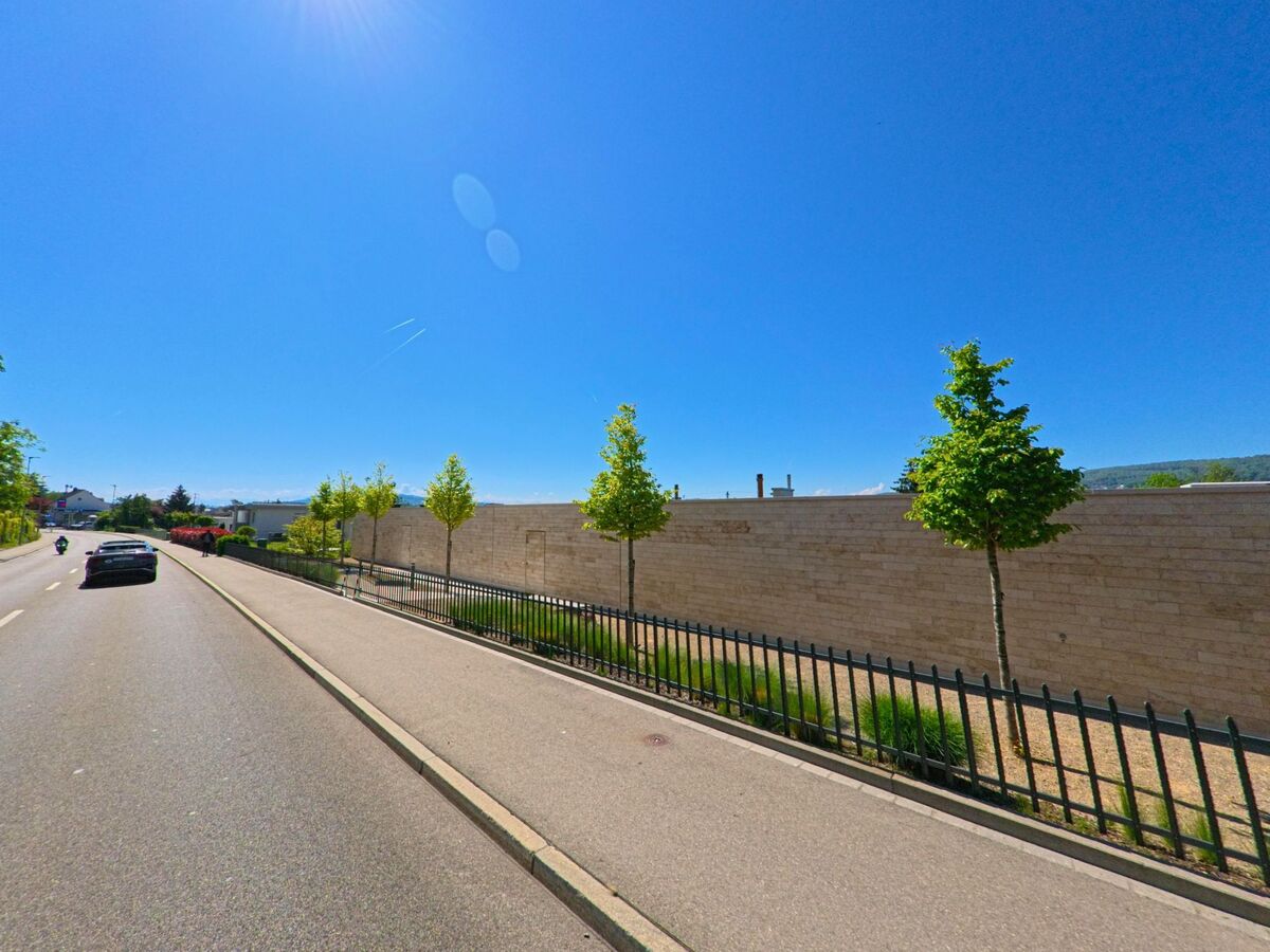 Bei strahlendem Sonnenschein führt eine Hauptstrasse in Geroldswil, Kanton Zürich, PLZ 8954, an einer hellen Mauer entlang mit jungen Bäumen und Gehweg.