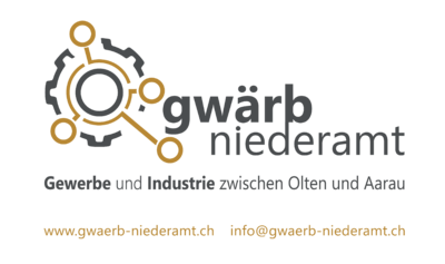 Das Logo des Gewerbevereins zeigt ein grafisches Zahnrad mit vernetzten Elementen und steht fuer das Gwärb Niederamt in Schönenwerd (5012, Kanton Solothurn).