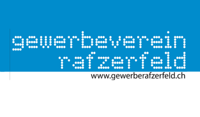 Das Logo des Gewerbevereins Rafzerfeld aus Rafz (8197, Kanton Zürich) zeigt den weissen Schriftzug «gewerbeverein rafzerfeld» auf blauem Hintergrund sowie die Webadresse des Vereins.