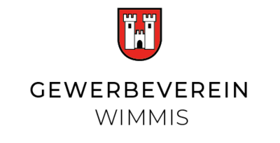 Das Logo des Gewerbevereins in Wimmis [3752] im Kanton Bern zeigt oberhalb des Schriftzugs ein Wappen mit stilisiertem Turm auf hellem Hintergrund.