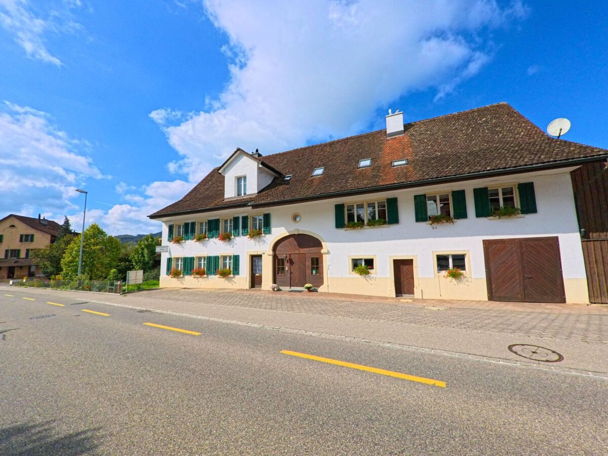 Ein traditionelles Bauernhaus mit gruenen Fensterlaeden und Blu­menkaesten steht an einer ruhigen Strasse in Gipf-Oberfrick (5073, Kanton Aargau) unter blauem Himmel.
