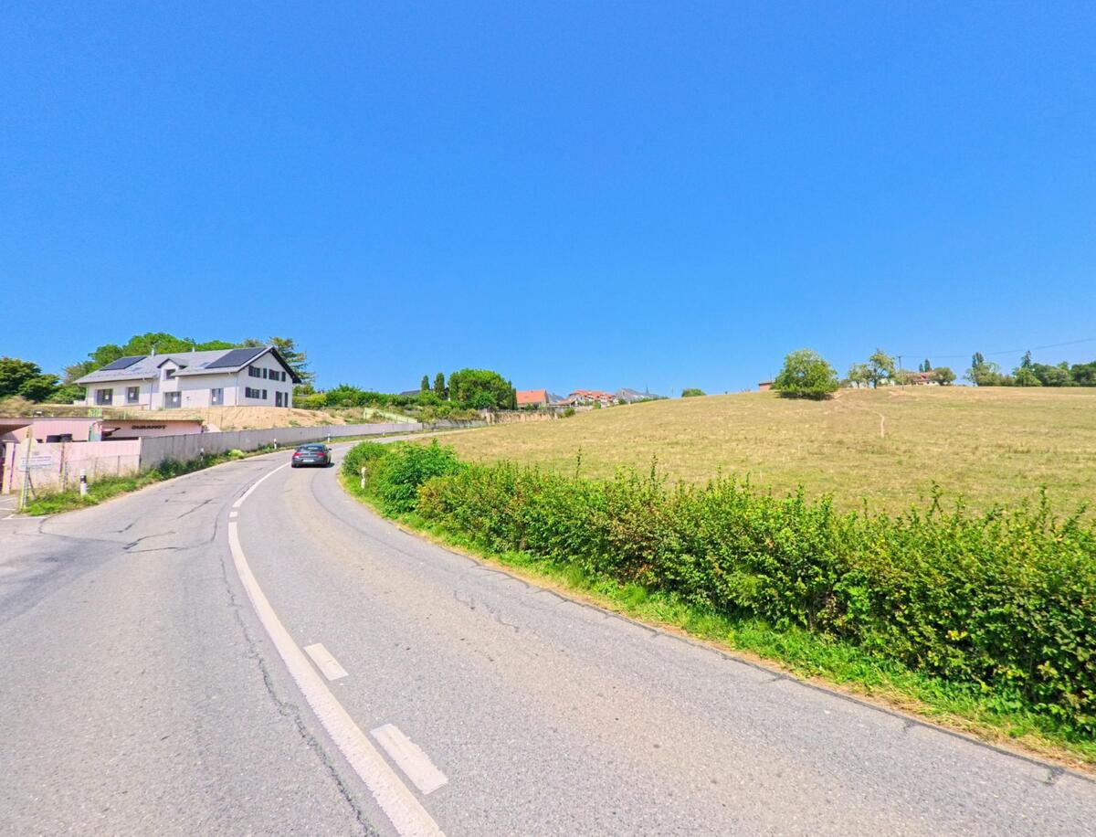 Eine kurvige Strasse fuehrt in Gollion (1124, Kanton Waadt) an einer grossen Wiese vorbei, waehrend links ein modernes Wohnhaus am Hang steht.