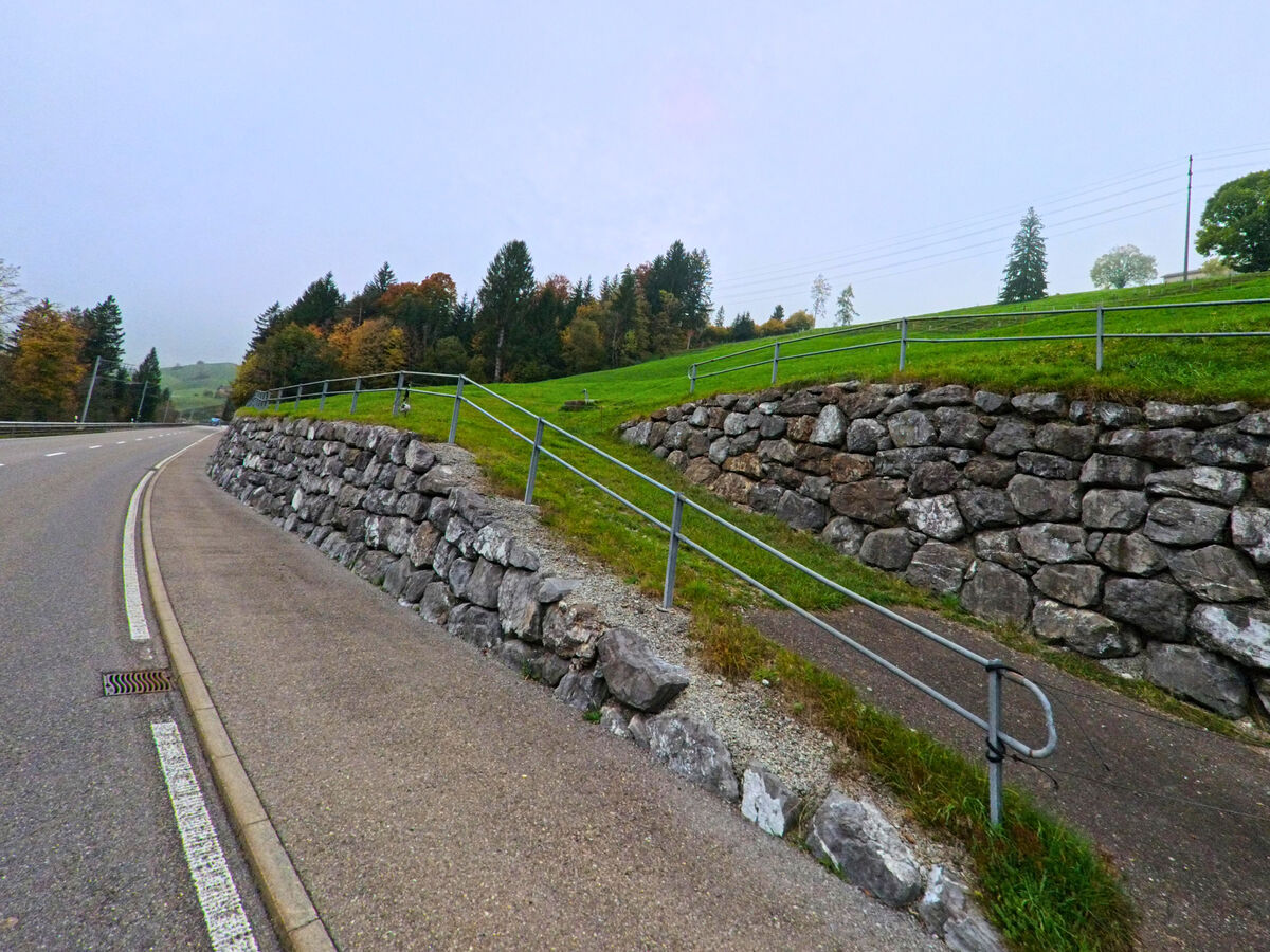 Ein Fussweg mit Steinmauer führt hangaufwaerts durch die Landschaft von Gonten (9108, Kanton Appenzell Innerrhoden).