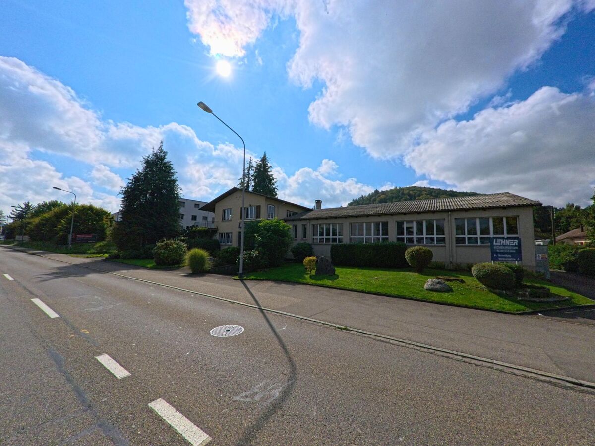 Entlang einer breiten Strasse in Graenichen (5722, Kanton Aargau) stehen Gewerbegebaeude und Wohnhaeuser mit gepflegten Gruenflaechen unter einem sonnigen Himmel.