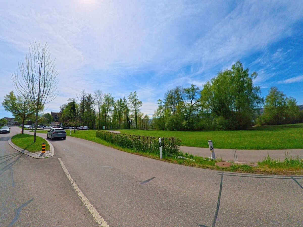 Im ORT Greifensee, PLZ 8606 im KANTON Zürich führt eine Strasse an einer weitläufigen Wiese und einem Baumstreifen entlang in Richtung eines Parkplatzes.