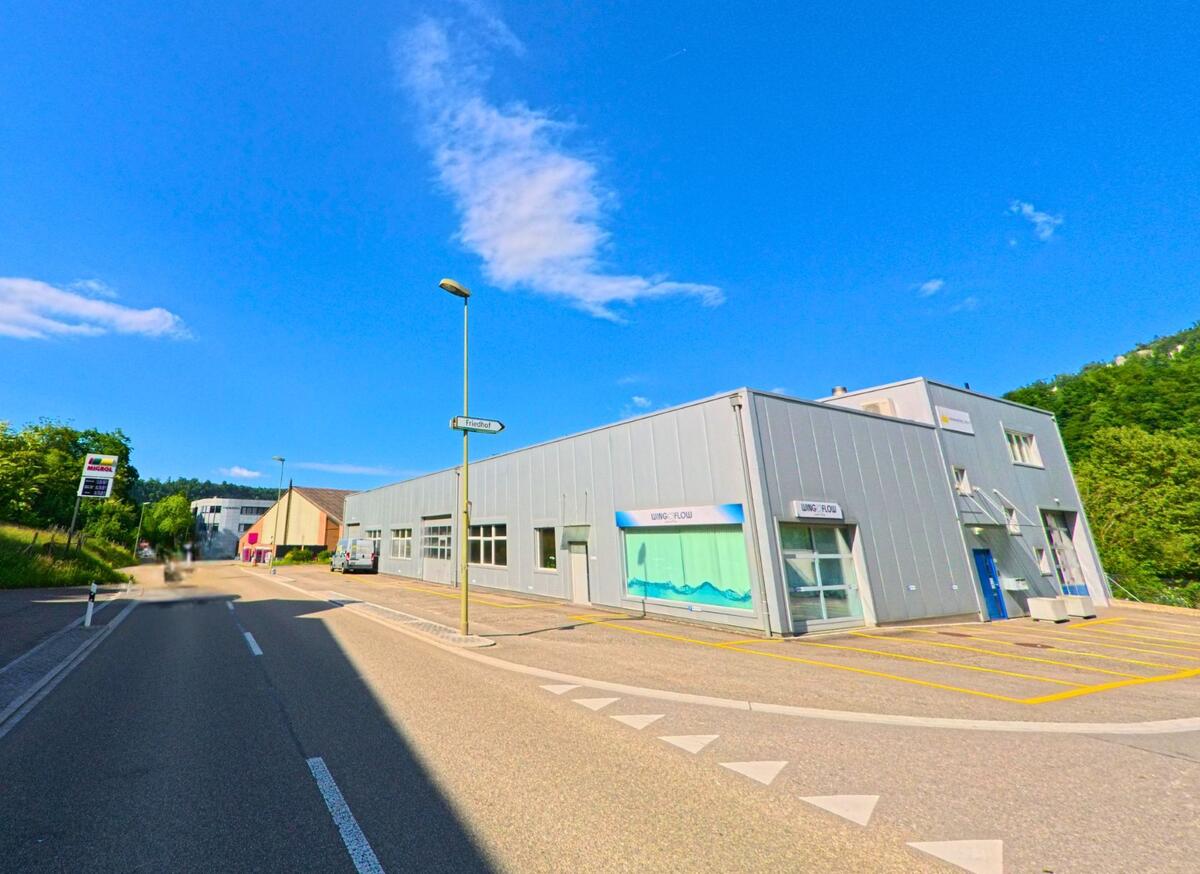 In Grellingen (4203, Kanton Baselland) säumen moderne Gewerbebauten mit Parkflächen eine verkehrsarme Strasse am Rand eines bewaldeten Gebiets.