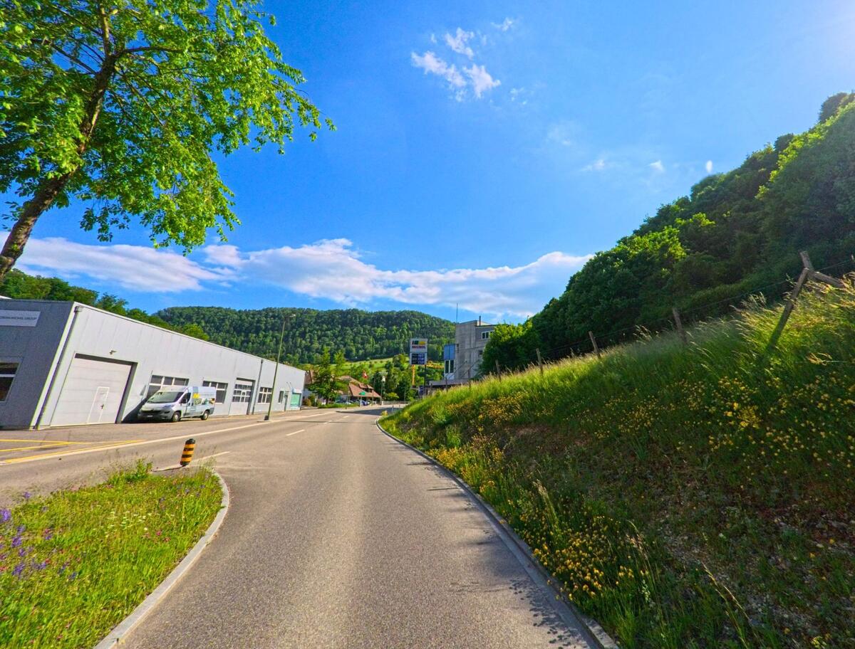 In Grellingen (4203, Kanton Baselland) verläuft eine Strasse zwischen einem Gewerbebetrieb mit Fahrzeughalle und einer blühenden Wiese am Hang unterhalb eines Waldes.